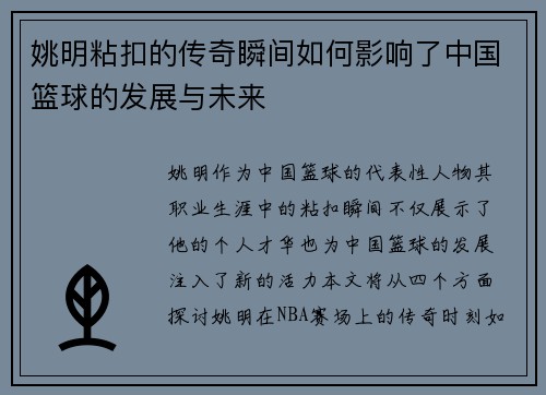 姚明粘扣的传奇瞬间如何影响了中国篮球的发展与未来